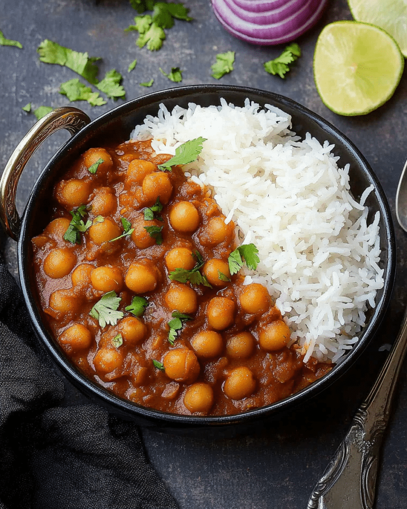 Chana Masala: Discover This Easy Vegan Recipe Today! 11 Chana masala served with basmati rice.