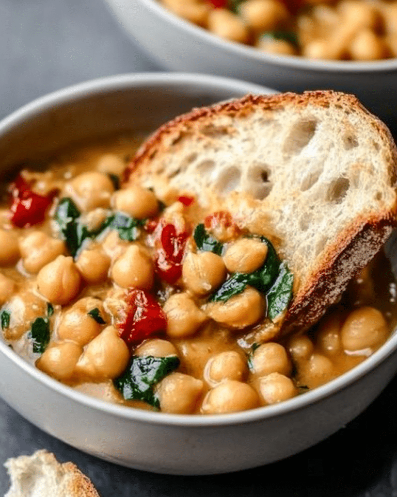 Marry Me Chickpeas: A Creamy Vegan Delight! 13 a piece of bread dunked in a bowl of Marry Me Chickpeas.