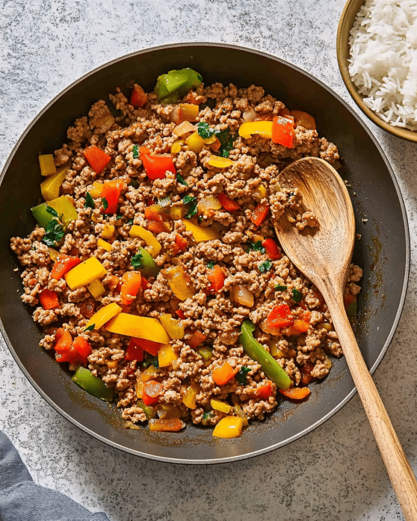 A skillet of cooked ground turkey and bell peppers on a counter with a bowl of white rice on the side