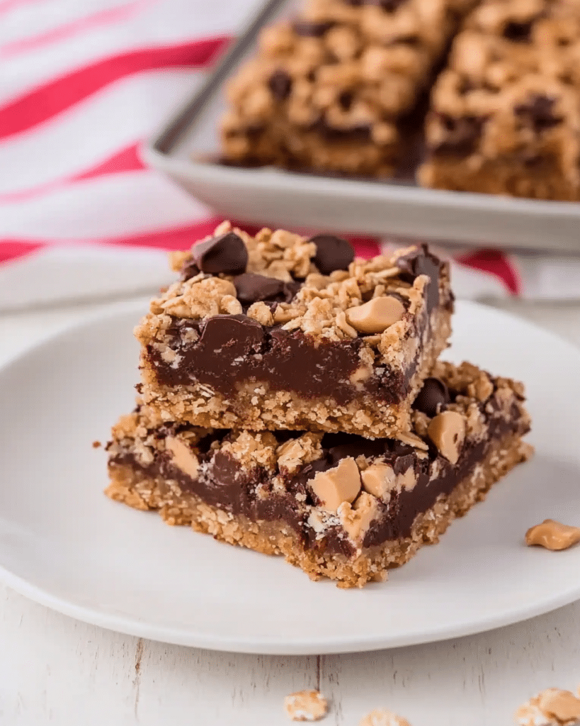 Chocolate Peanut Butter Oatmeal Bars are a must-try! 10 Chocolate Chip Peanut Butter Oatmeal Bars! An easy chocolate chip cookie bar recipe with peanut butter fudge sandwiched between an oatmeal cookie crumble layer, aka Oatmeal Dream Bars!