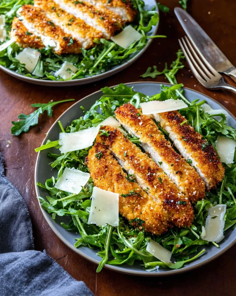 Air Fryer Fried Chicken Breast: Crispy and Delicious Recipe! 11 Top plates filled with greens topped with crispy breaded chicken with two forks next to the plates.