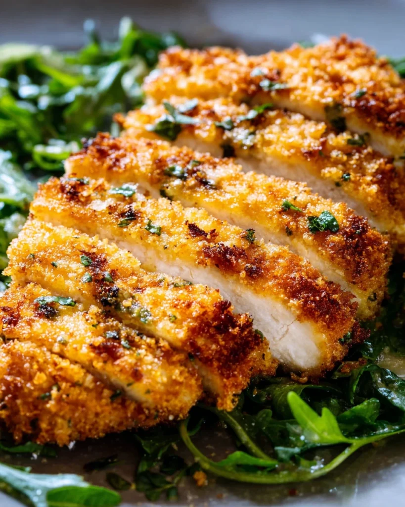 Air Fryer Fried Chicken Breast: Crispy and Delicious Recipe! 13 Air fryer breaded chicken breast sliced into strips on a bed of arugula and shaved Parmesan on a plate with another plate of chicken behind it.