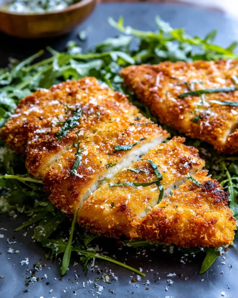 Air Fryer Fried Chicken Breast: Crispy and Delicious Recipe! 14 Crispy breaded air fryer chicken cut on top of a green salad topped with grated parmesan cheese with another plate of it behind it.